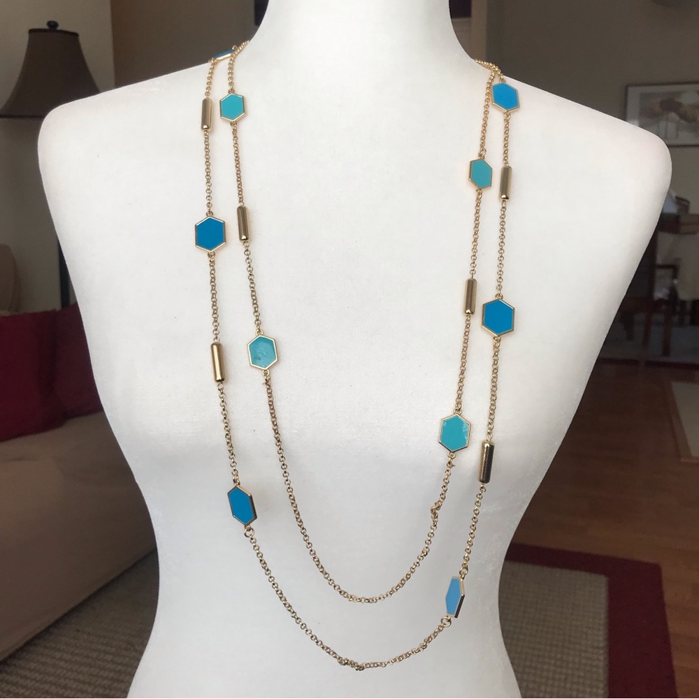 Double Strand Blue Enamel Bead and Gold Tone Chain Long Necklace